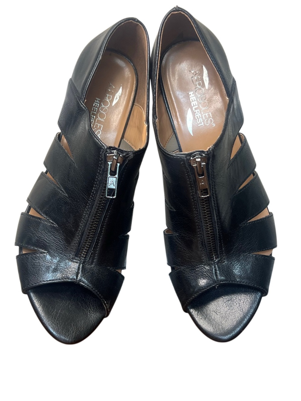Black Leather Peep Toe Zip Front Shooties Heeled Ankle Booties Cutout Size 8.5 - Picture 2 of 12